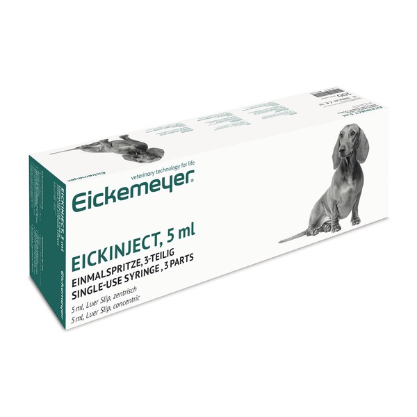 050359-box 5 ml-EickInject Syringes. 5mL EickInject Syringes. 3-part syringe with Luer slip connector. Individually packaged and sterile