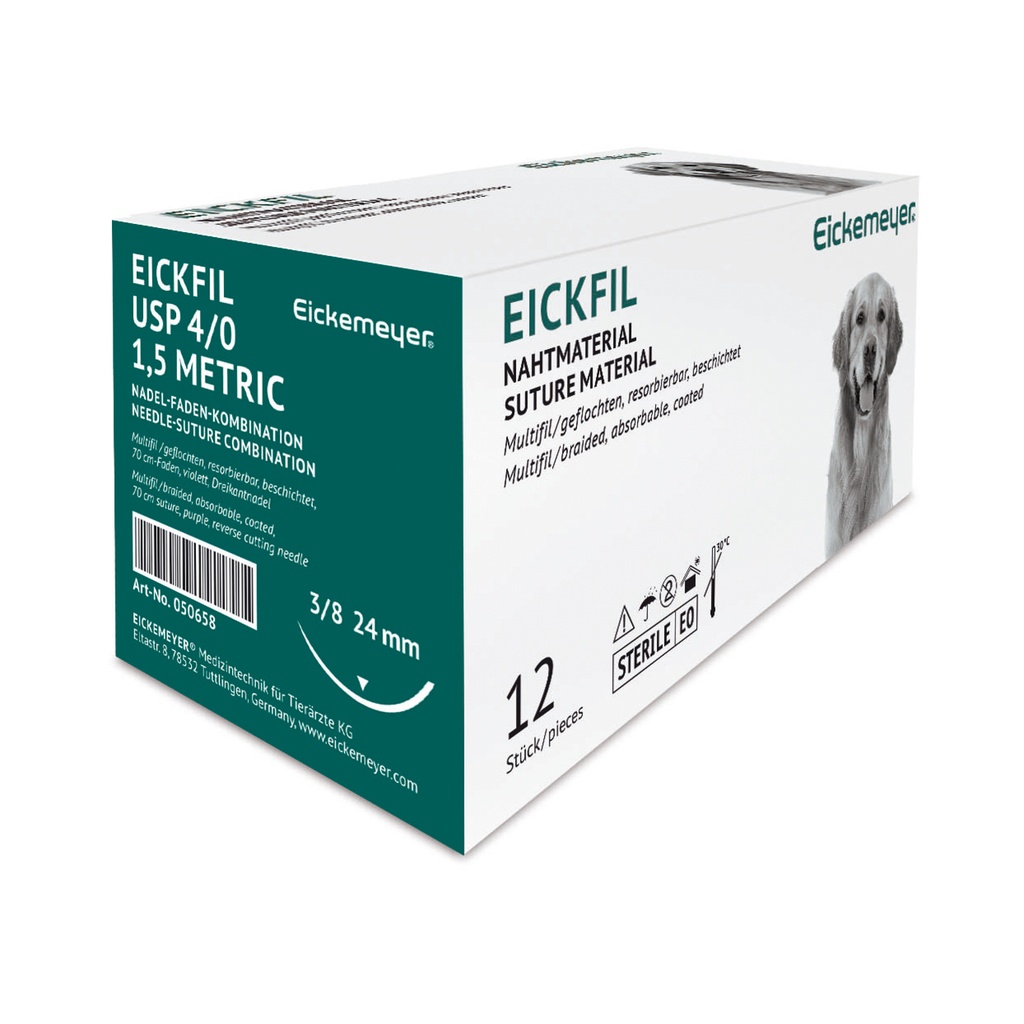 EICKFIL Suture material, absorbable, synth., surgical needle triangular 24mm, 4/0 (1,5) 70cm